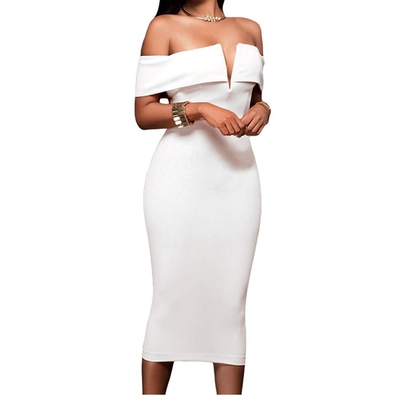 Sexy V Neck Off The Shoulder Bodycon Midi - Picture 2 of 2